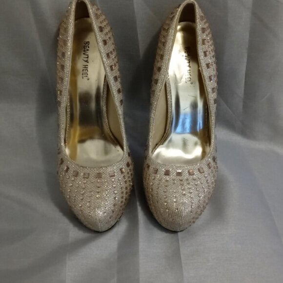 Champagne Rose Rhinestone Gold Spiked Heel 5 1/2in Platform Stiletto - Picture 5 of 12